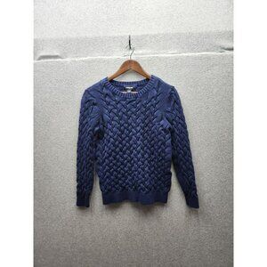 Lands End Womens Cable Knit Sweater M 10-12 Navy Blue 100% Cotton Made In China